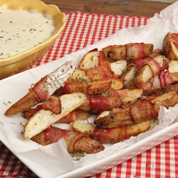 Bacon Wrapped Potatoes with Queso Blanco Dip