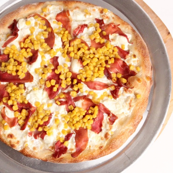 Corn Prosciutto and Ricotta Pizza