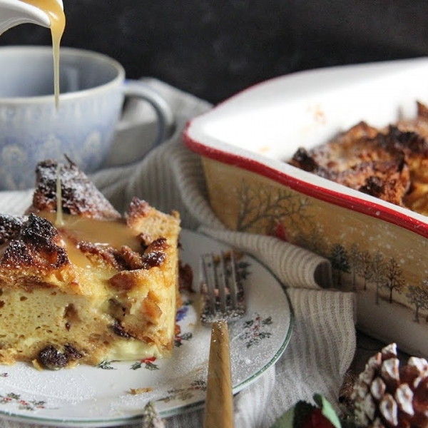 Panettone Bread Pudding with Warm Vanilla Sauce